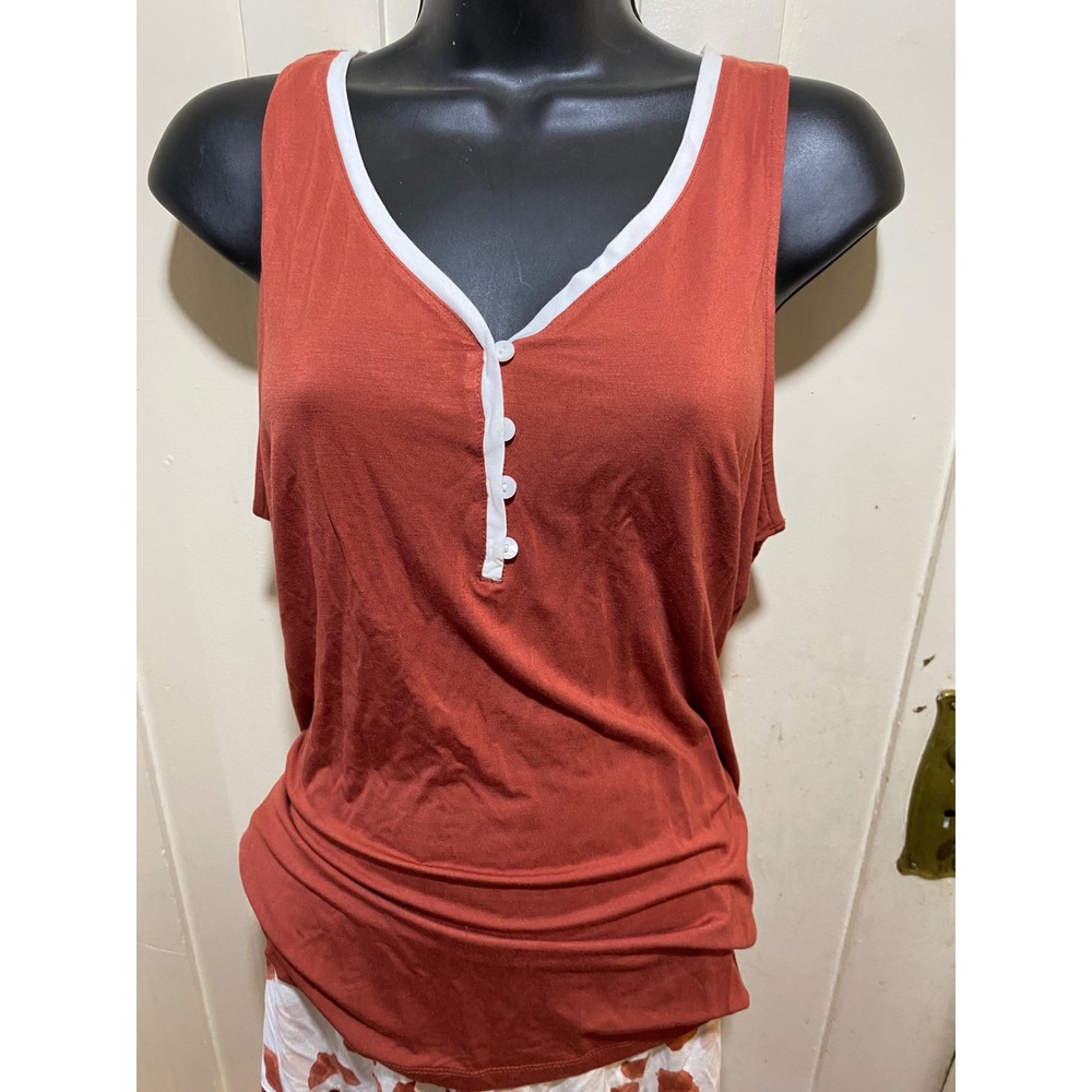Bamboo Viscose Henley Tank and Shorts Pajama Set Rust White Polka Dot Large - Picture 2 of 9